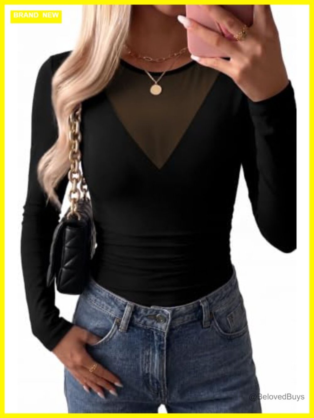 Women's Long Sleeve Mesh V-Neck Top Sheer Form-Fitting Bodysuit
